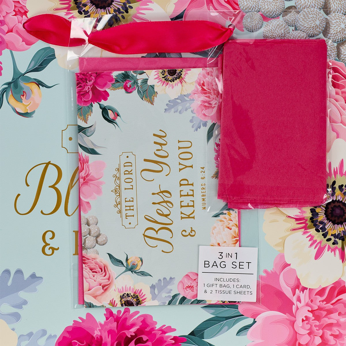 Gift Bag Large Landscape: The Lord Bless You and Keep You Blue/Pink Floral (Numbers 6:24)