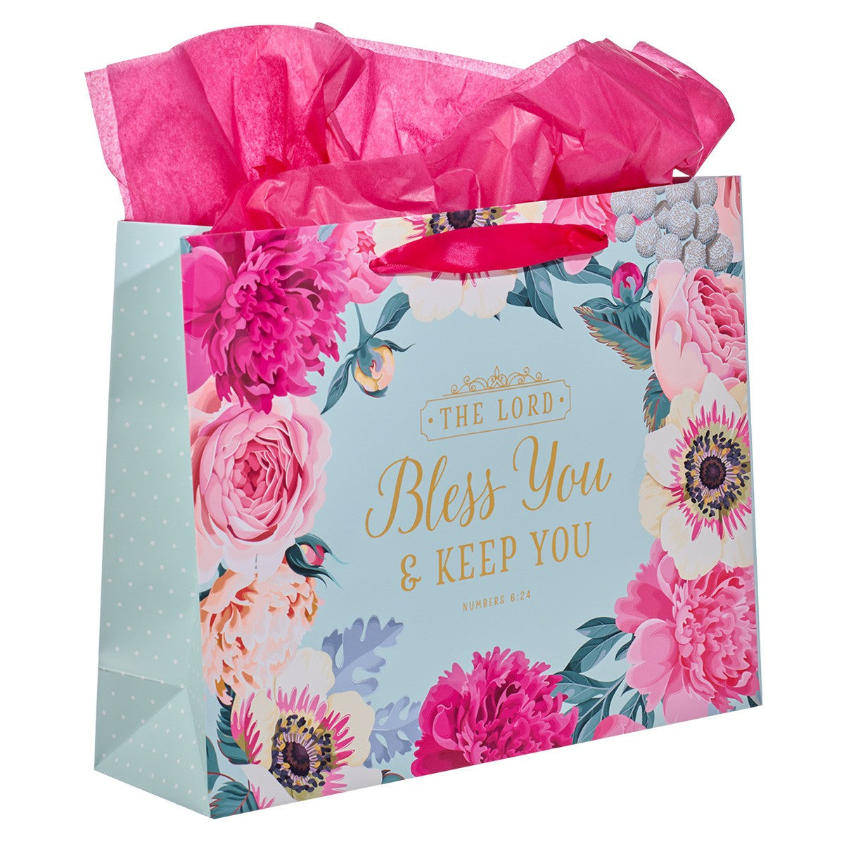 Gift Bag Large Landscape: The Lord Bless You and Keep You Blue/Pink Floral (Numbers 6:24)