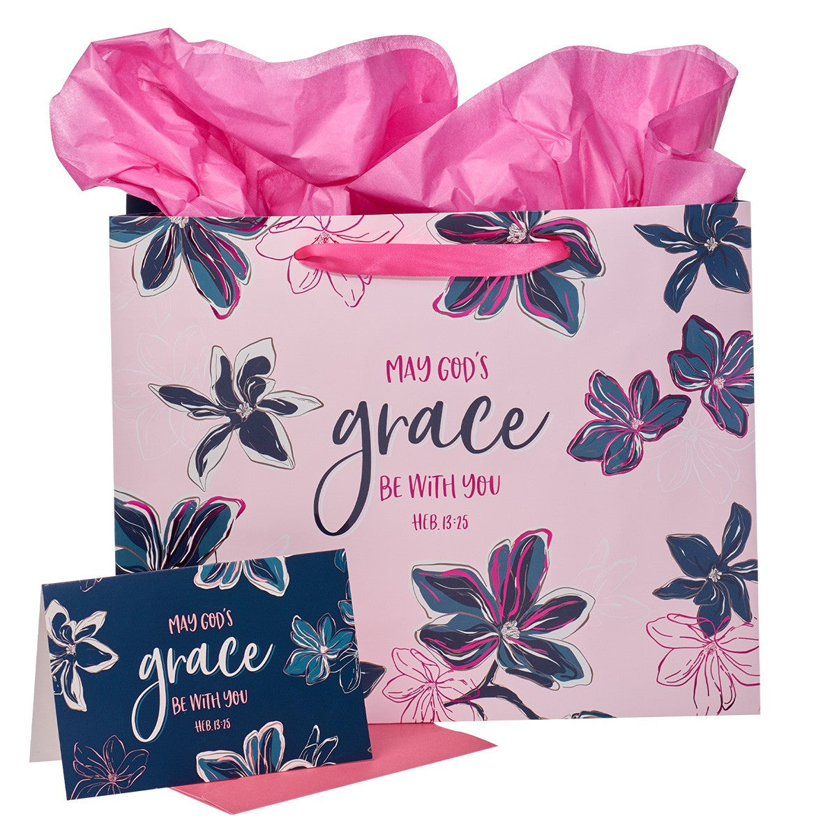 Gift Bag Large Landscape: May God's Grace Be With You Pink/Navy (Hebrews 13:25)