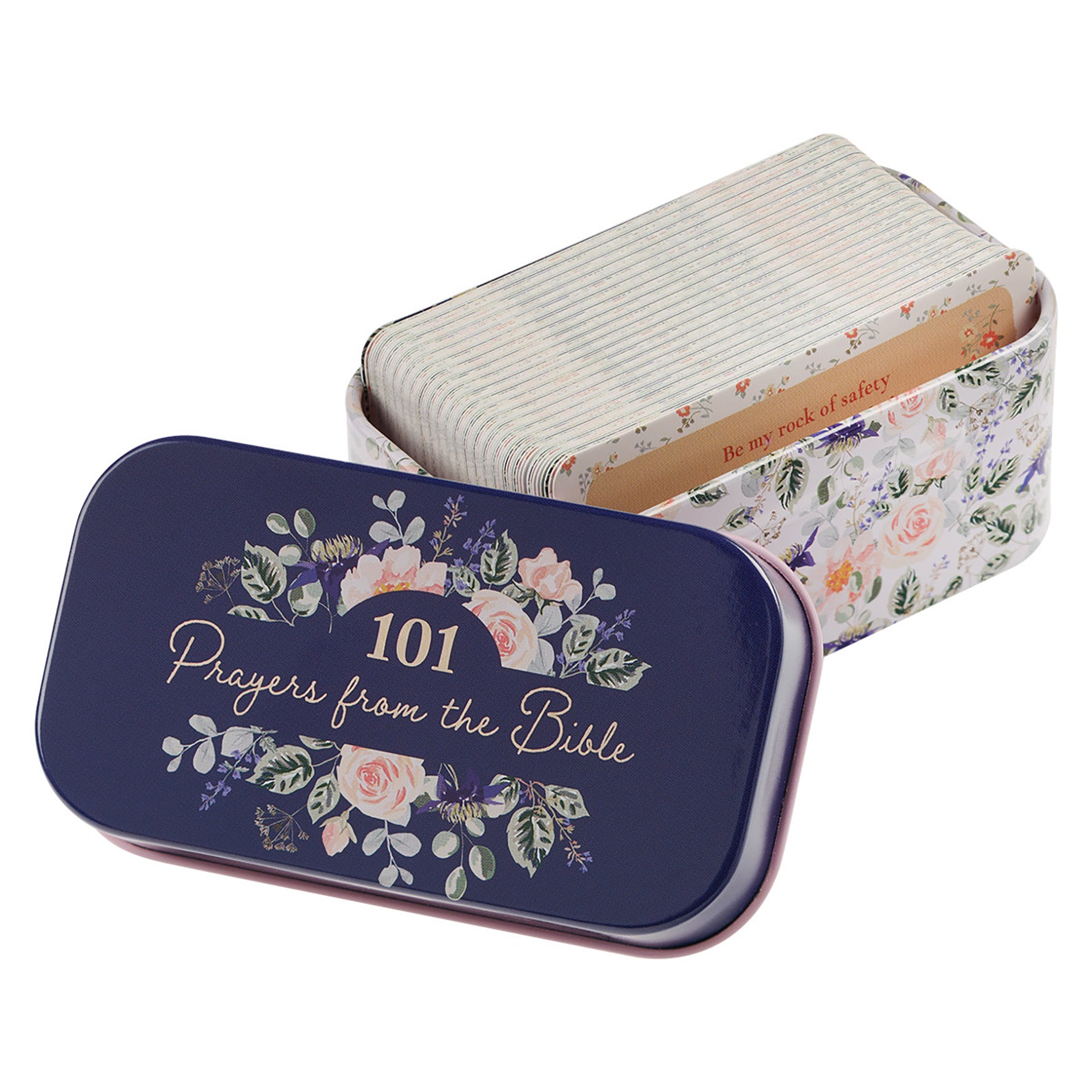 Scripture Cards in a Tin: 101 Prayers From the Bible, 51 Double Sided Cards, Blue Floral
