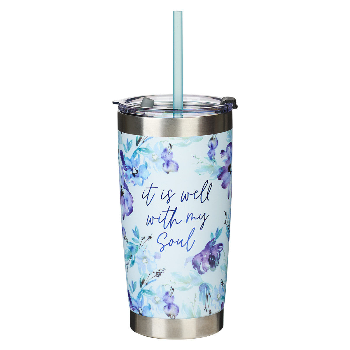 Stainless Steel Travel Mug With Straw: It is Well With My Soul, Blue/Purple Posies (532 Ml)