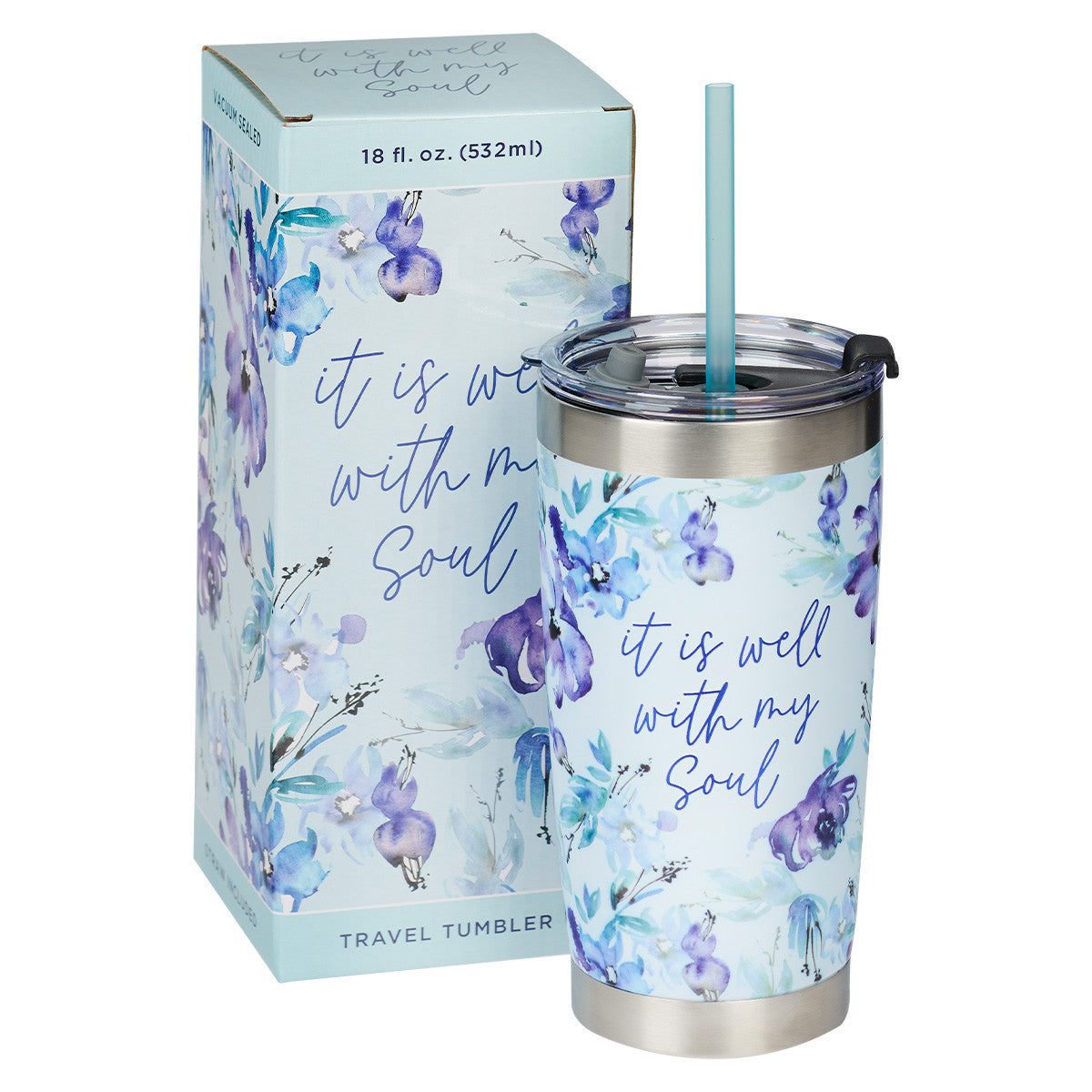 Stainless Steel Travel Mug With Straw: It is Well With My Soul, Blue/Purple Posies (532 Ml)