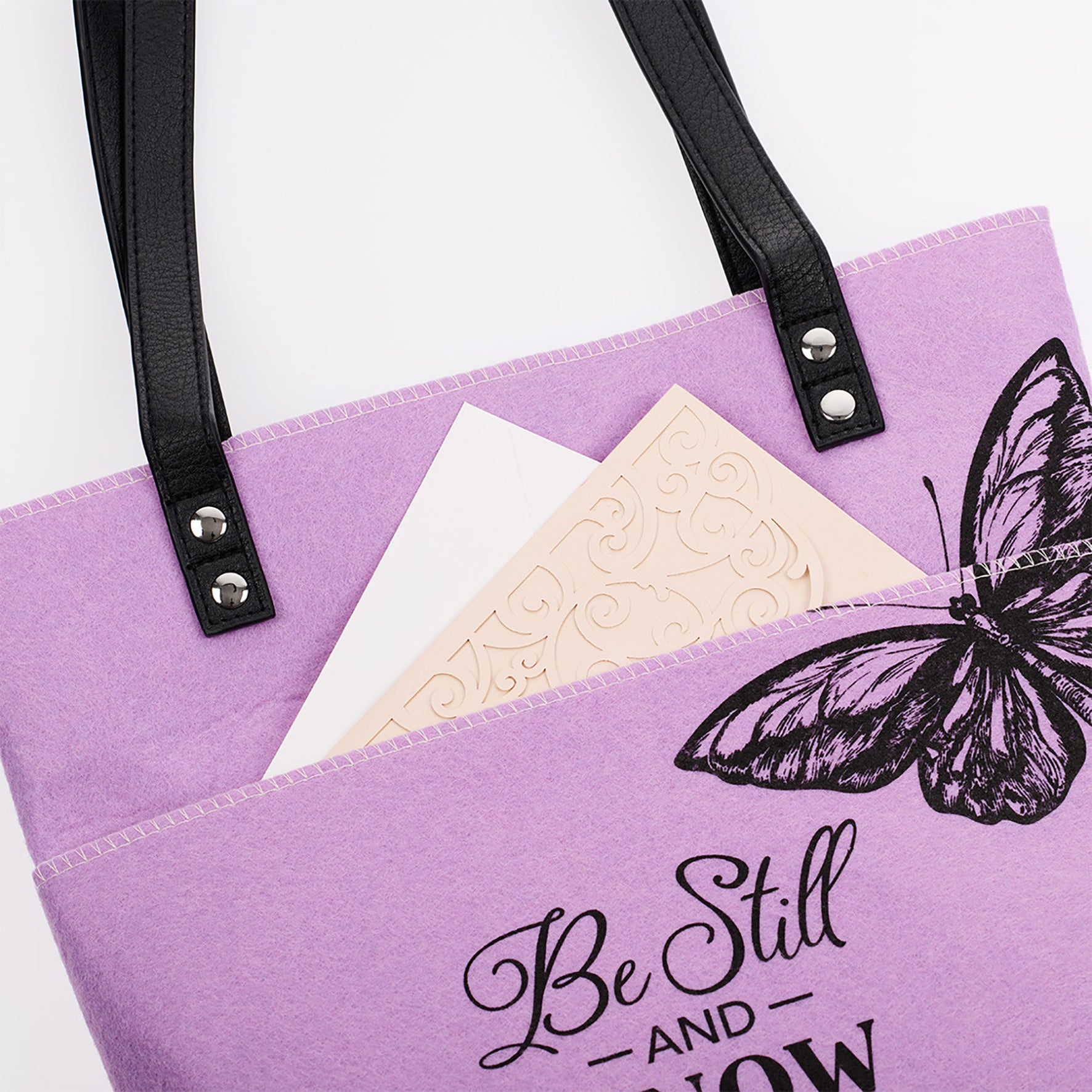 Bible Tote: Be Still and Know Purple Butterflies, Felt (Psalm 46:10), Magnetic Button Closur