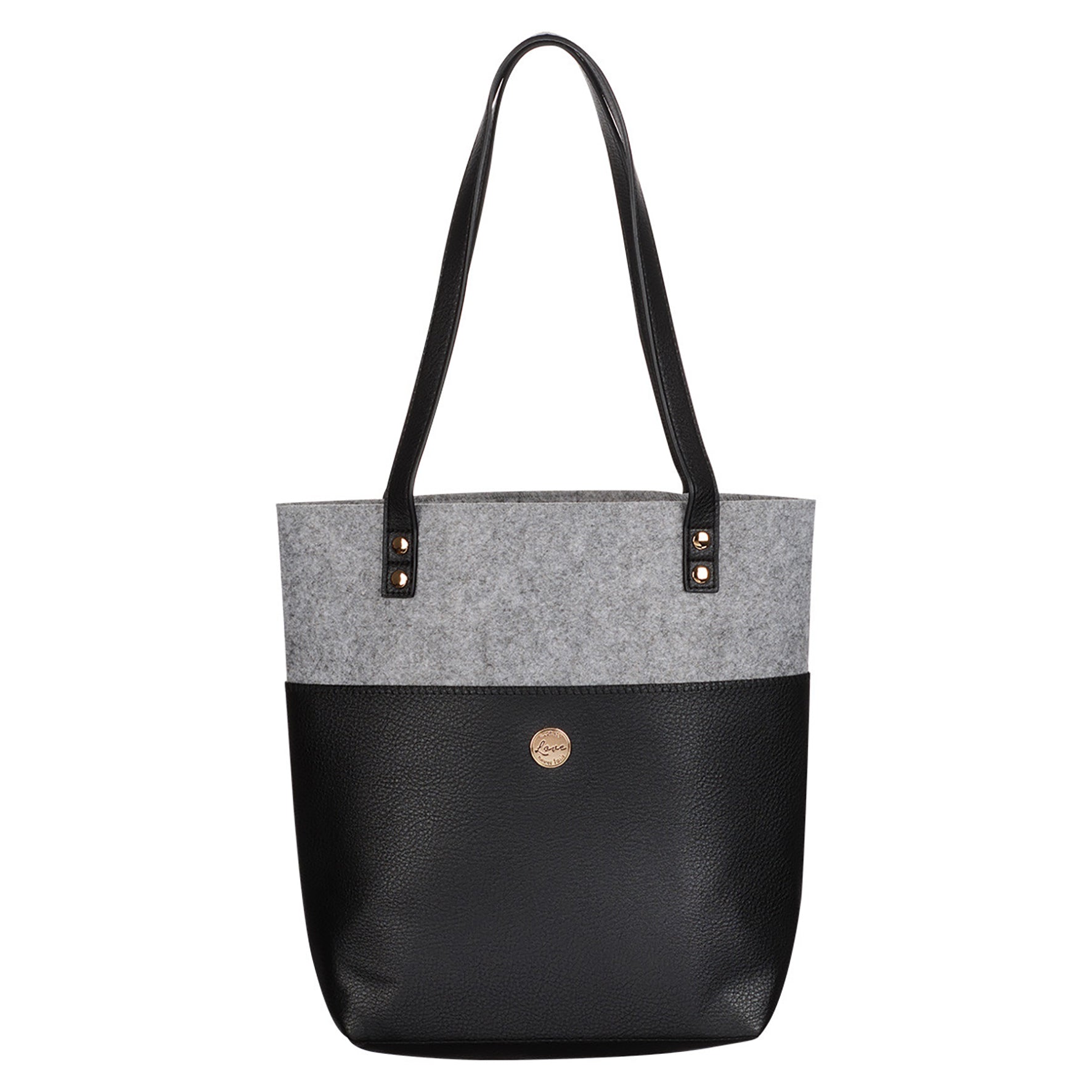 Bible Tote: Love, Black Faux Leather/Grey  Felt, Magnetic Button Closure