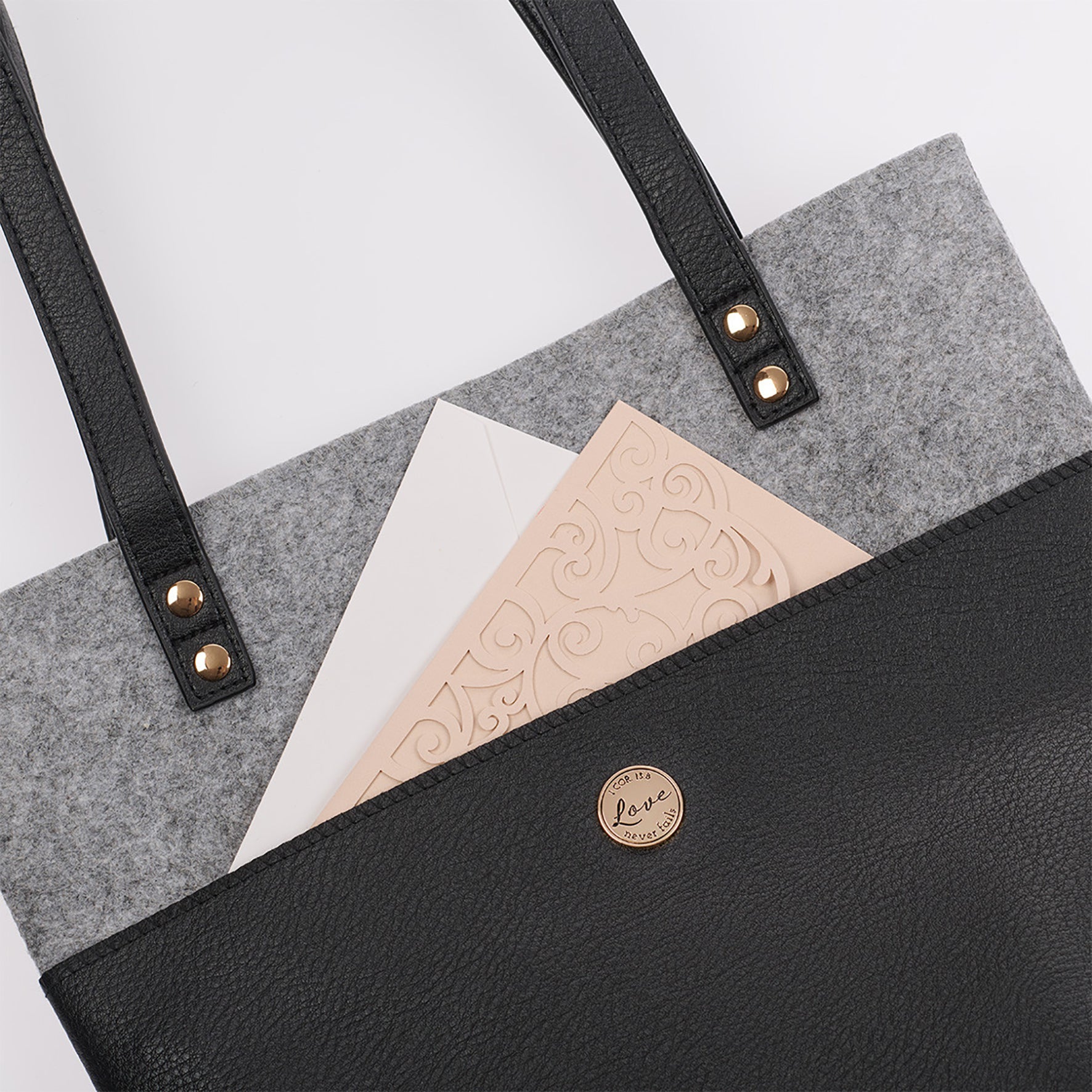 Bible Tote: Love, Black Faux Leather/Grey  Felt, Magnetic Button Closure