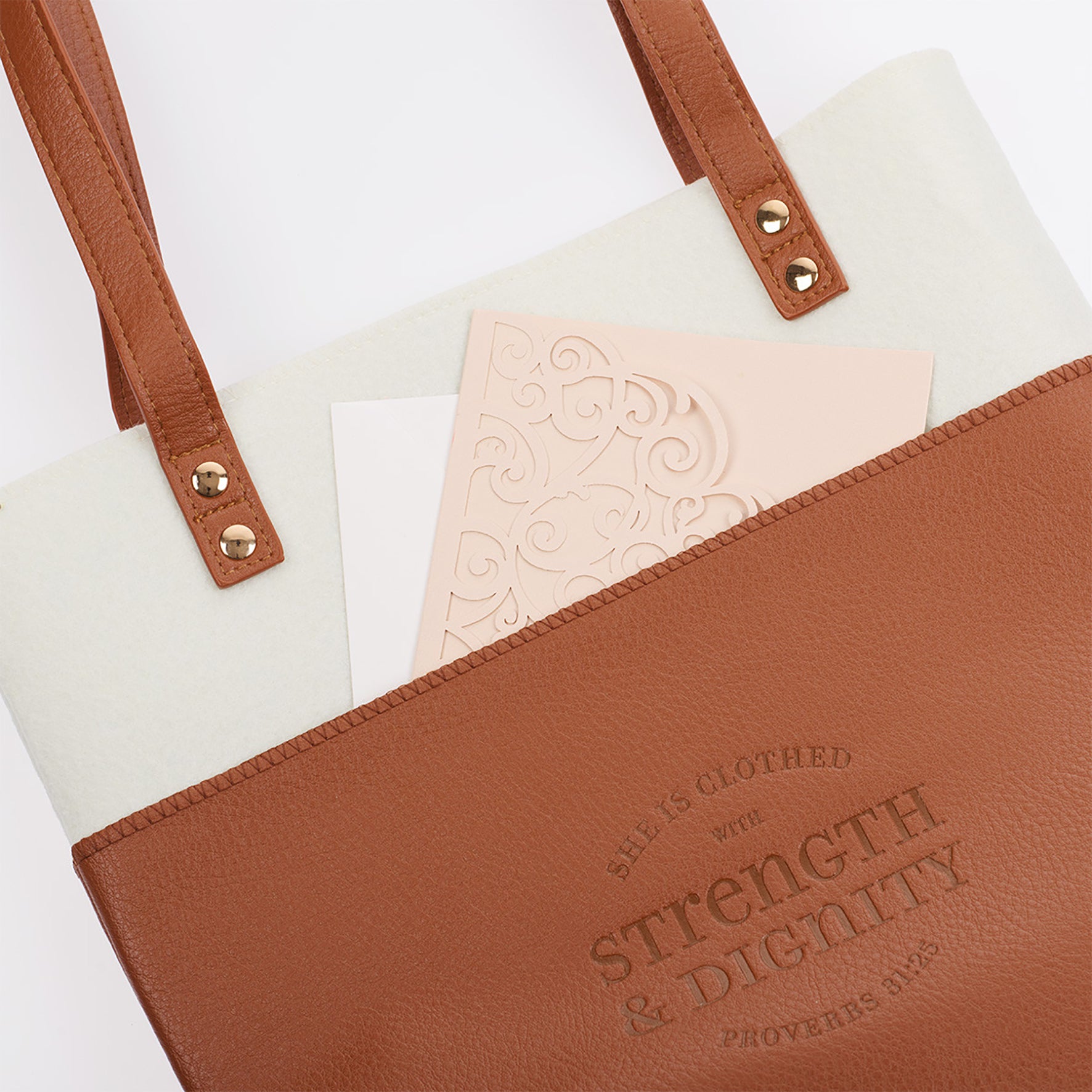 Bible Tote: Strength & Dignity Tan Faux Leather/Cream Felt (Proverbs 31:25), Magnetic Button Closur
