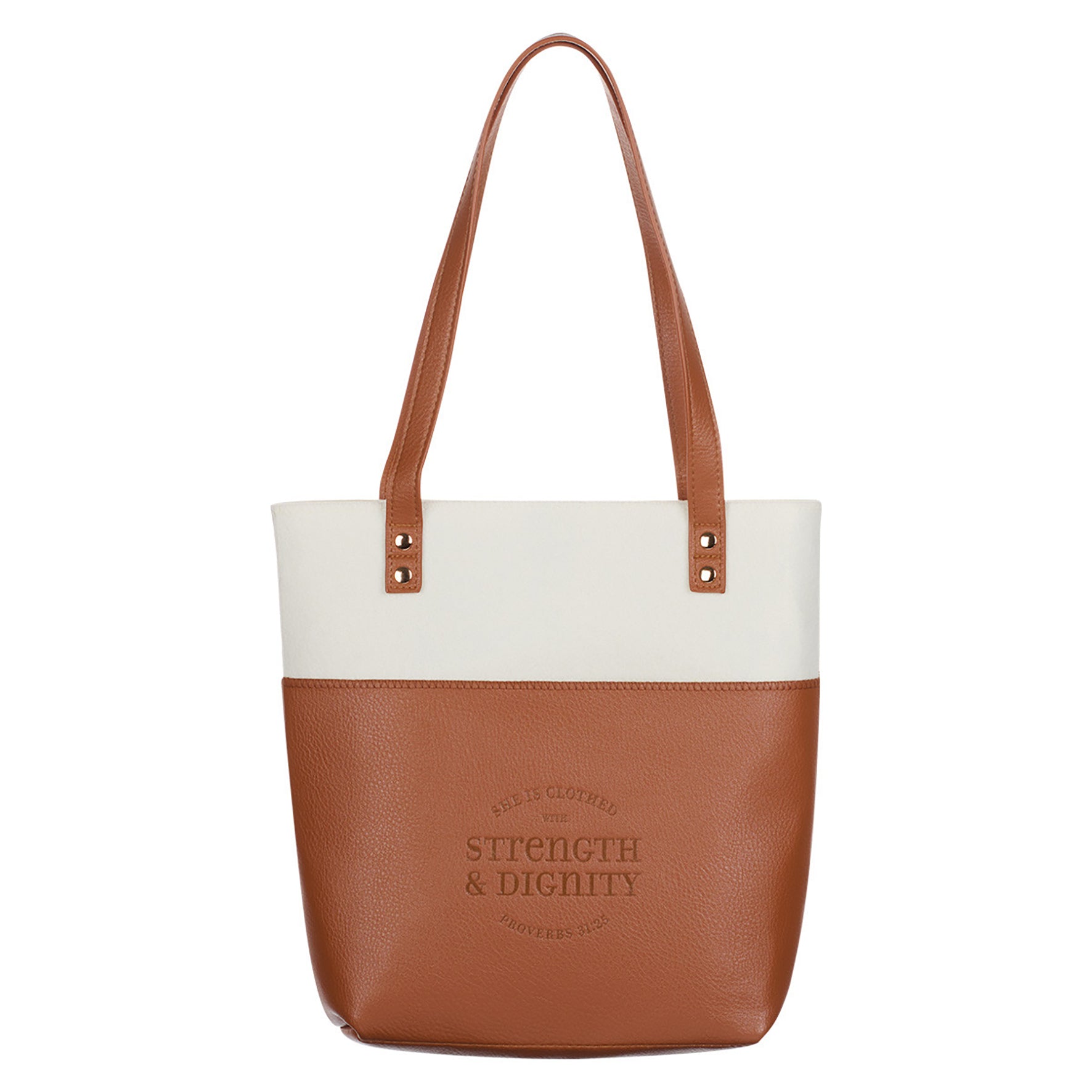 Bible Tote: Strength & Dignity Tan Faux Leather/Cream Felt (Proverbs 31:25), Magnetic Button Closur