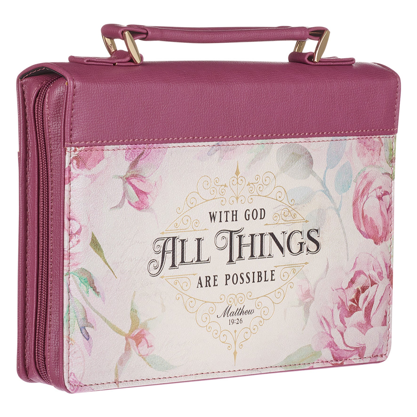 Bible Cover Large: With God All Things Are Possible Pink Roses (Matthew 19:26)
