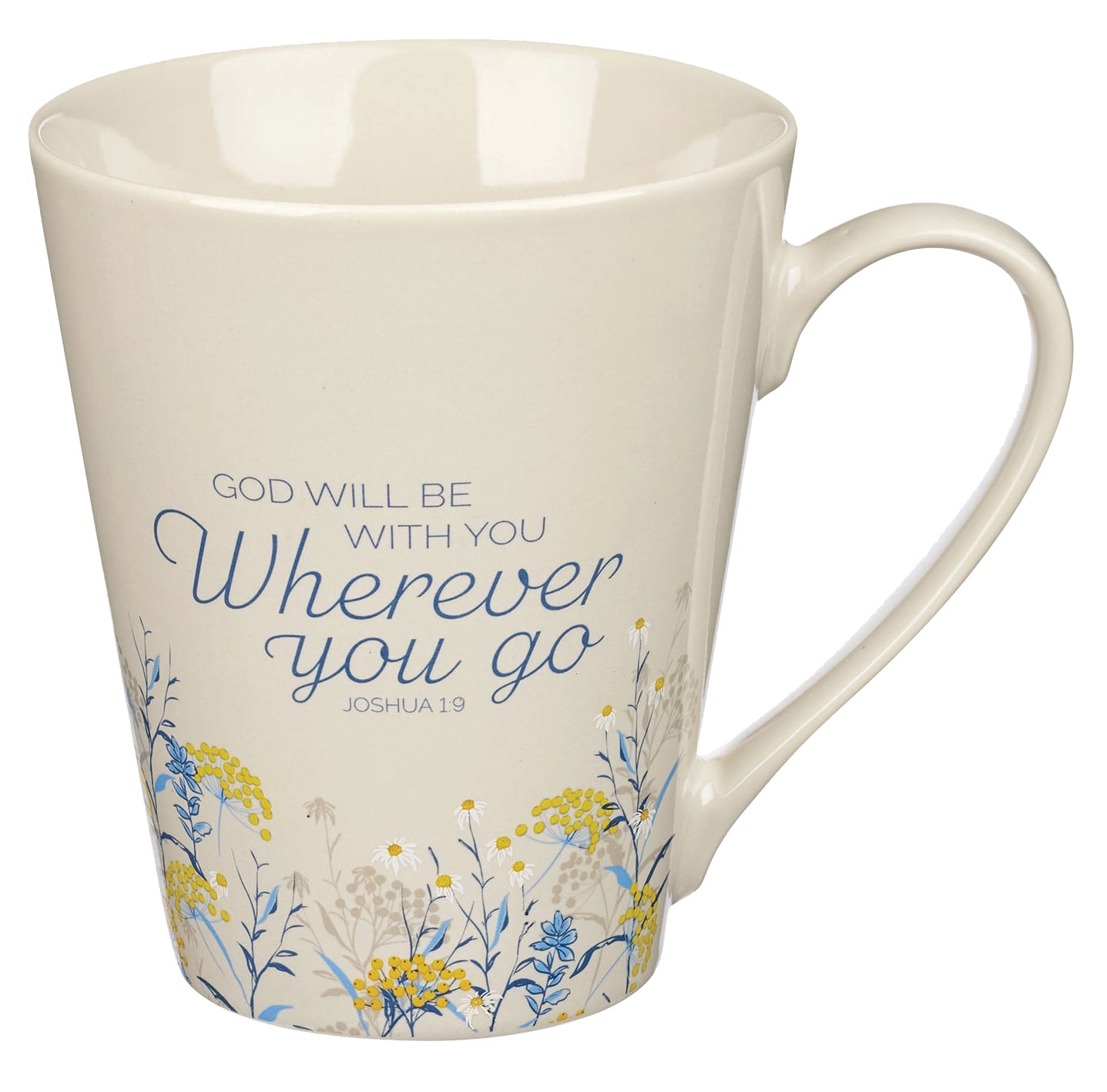 Ceramic Mug: God Will Be With You Wherever You Go,  Joshua 1:9, Taupe/Blue & Yellow Flowers (414 Ml)