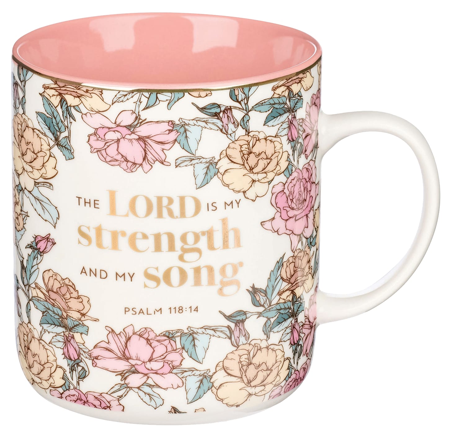Ceramic Mug : The Lord is My Strength and My Song (Psalm 118:14) White/Pink Floral (414 ML) (Strength & Song Series)