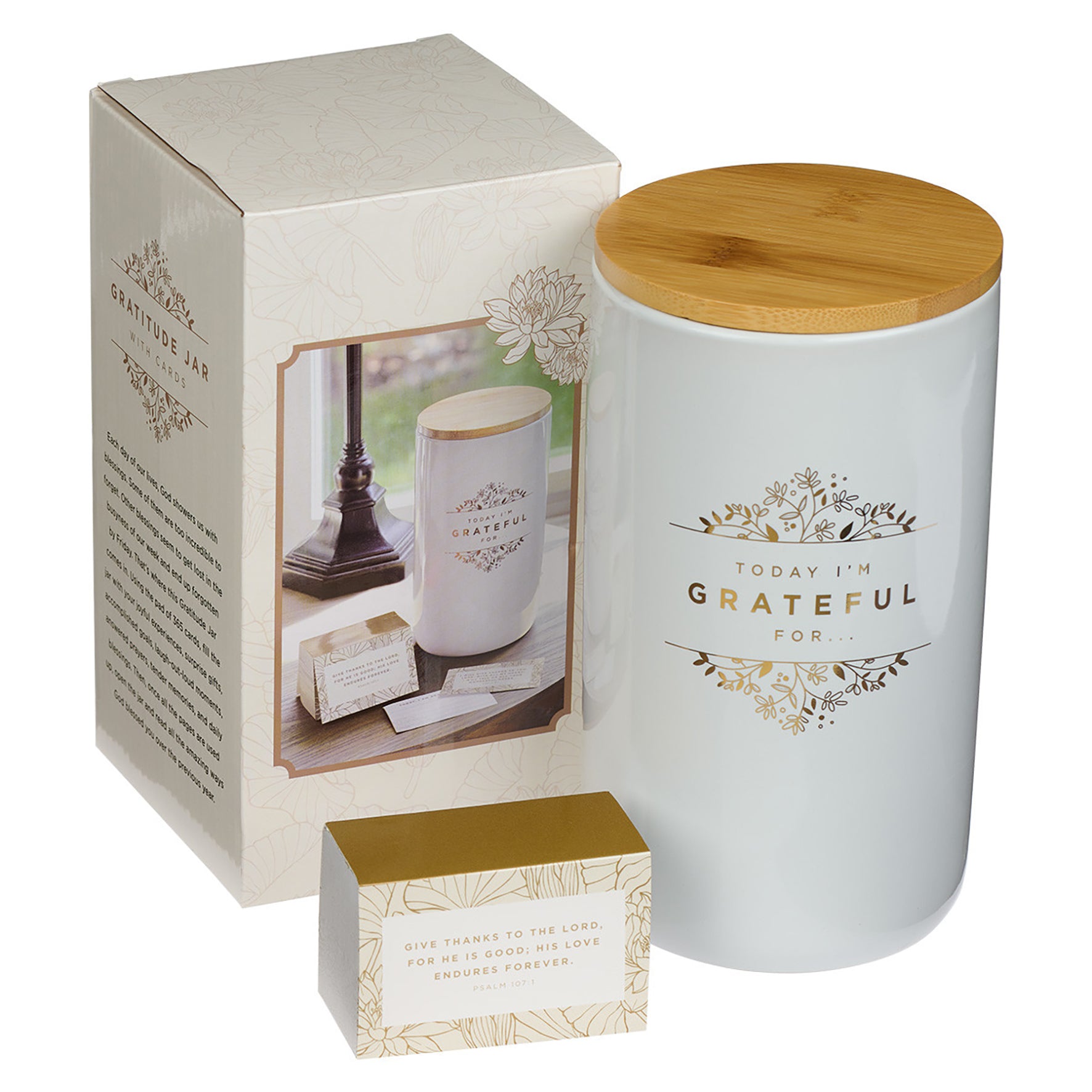 Gratitude Jar With Cards: Today I'm Grateful For, White/Gold, Ceramic With Bamboo Lid