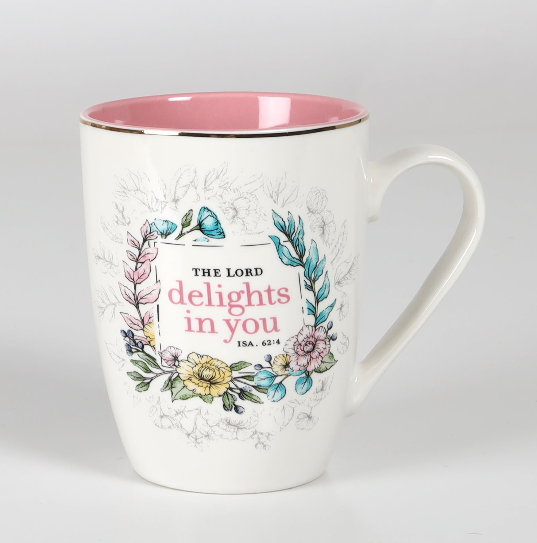 Ceramic Mug: The Lord Delights in You (Isaiah 62:4) Floral, Pink Inside (355ml)