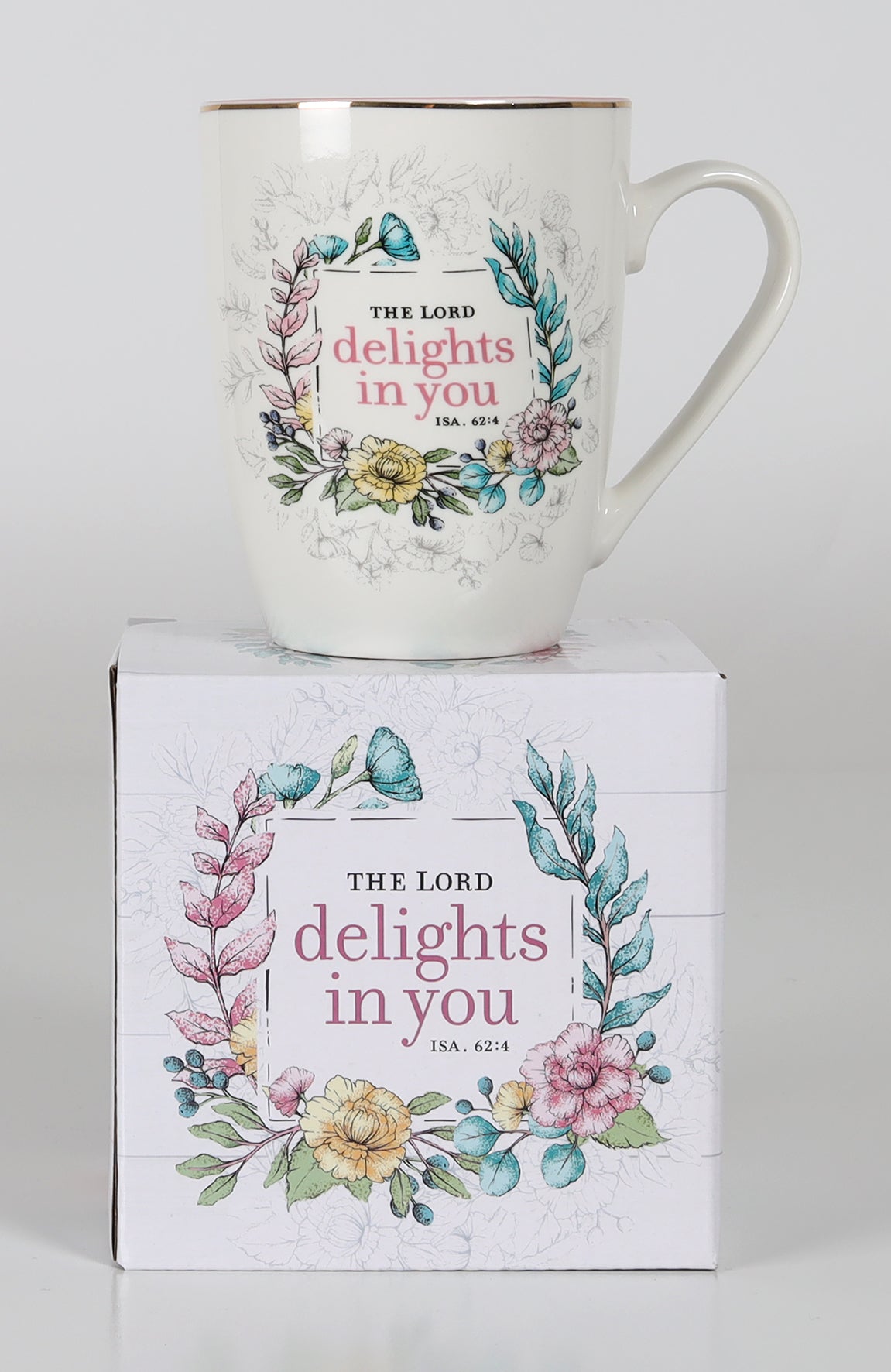 Ceramic Mug: The Lord Delights in You (Isaiah 62:4) Floral, Pink Inside (355ml)
