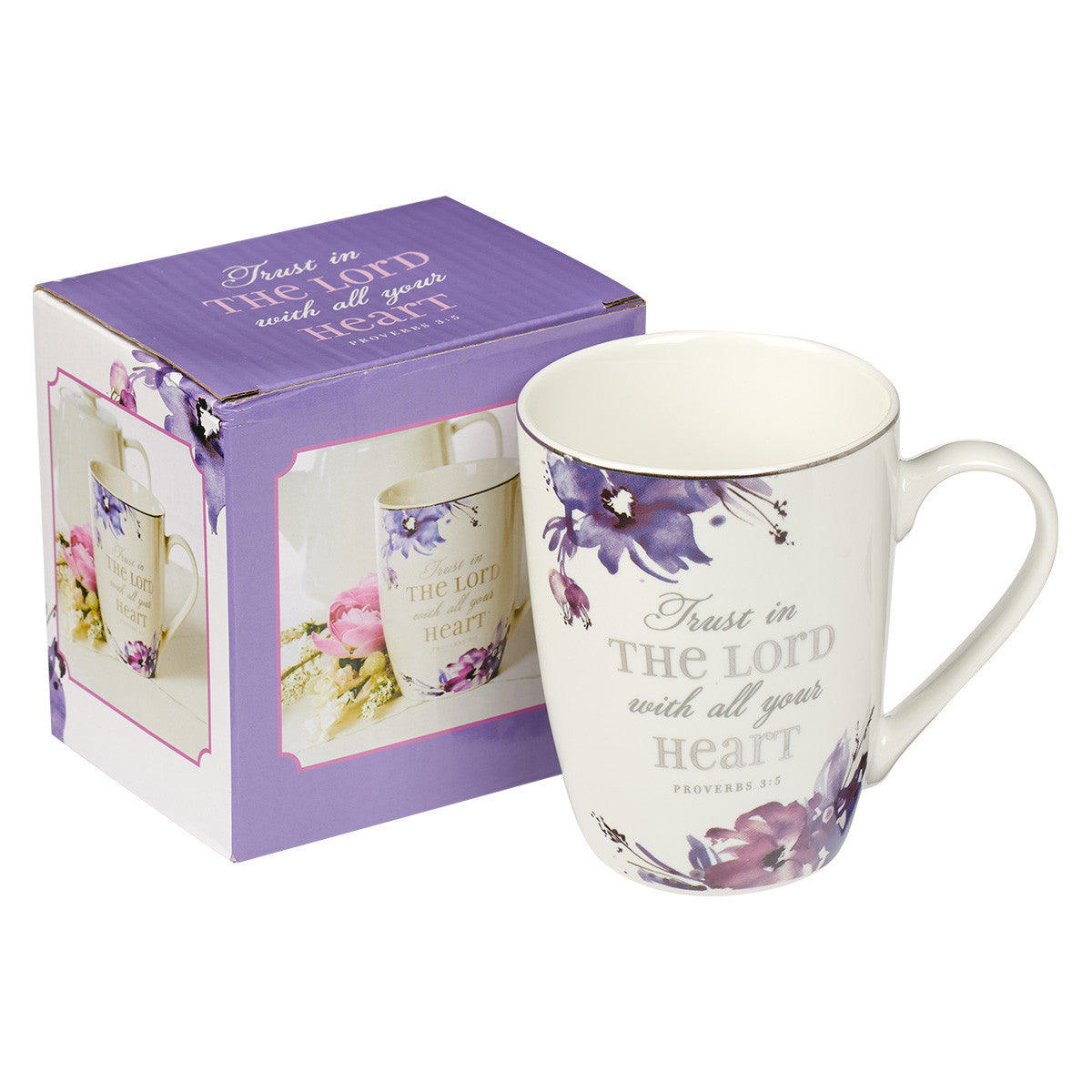 Ceramic Mug: Trust in the Lord (Proverbs 3:5): Purple Floral (355ml)