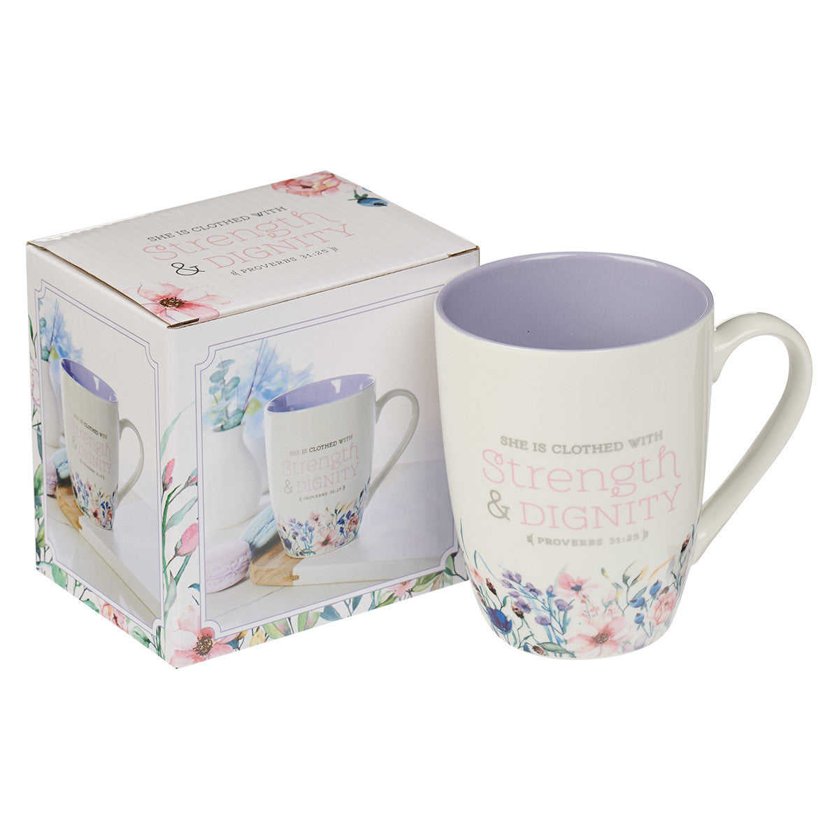 Ceramic Mug: Strength & Dignity (Proverbs 31:25) Floral, Purple Inside (355ml)
