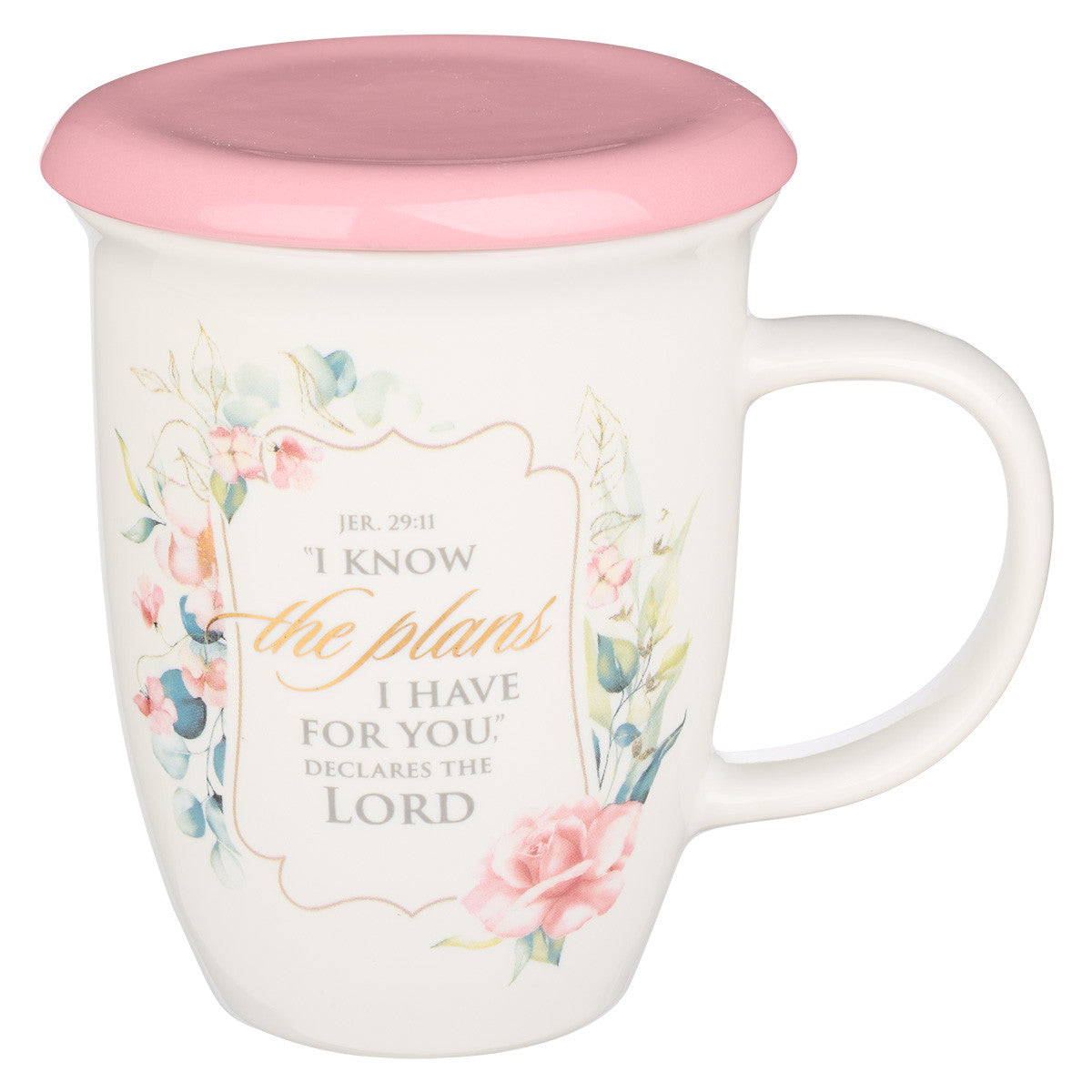 Ceramic Mug With Lid/Coaster: I Know the Plans I Have For You, Pink, 384ml