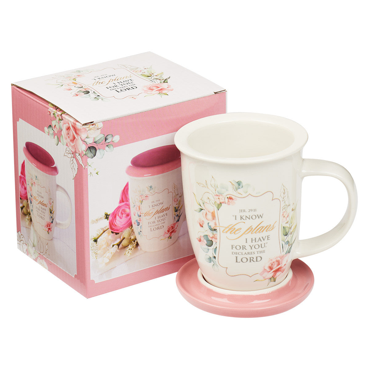 Ceramic Mug With Lid/Coaster: I Know the Plans I Have For You, Pink, 384ml