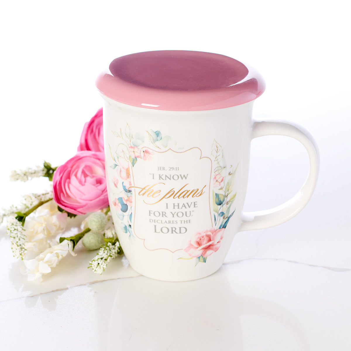 Ceramic Mug With Lid/Coaster: I Know the Plans I Have For You, Pink, 384ml