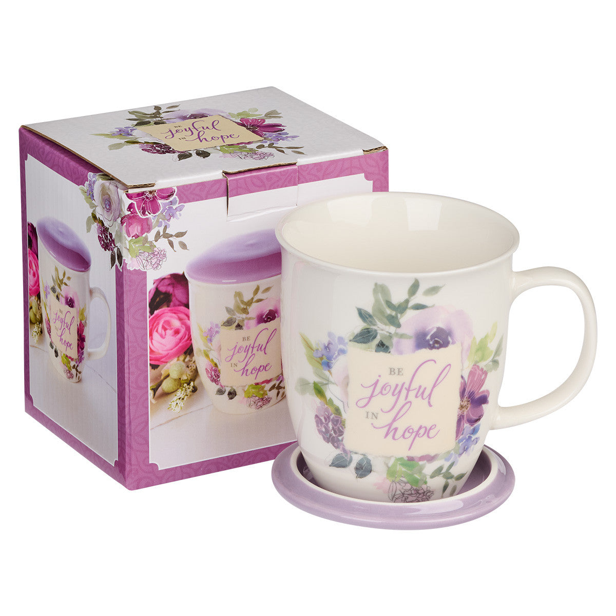 Ceramic Mug With Lid/Coaster: Be Joyful in Hope, Lilac, 384ml