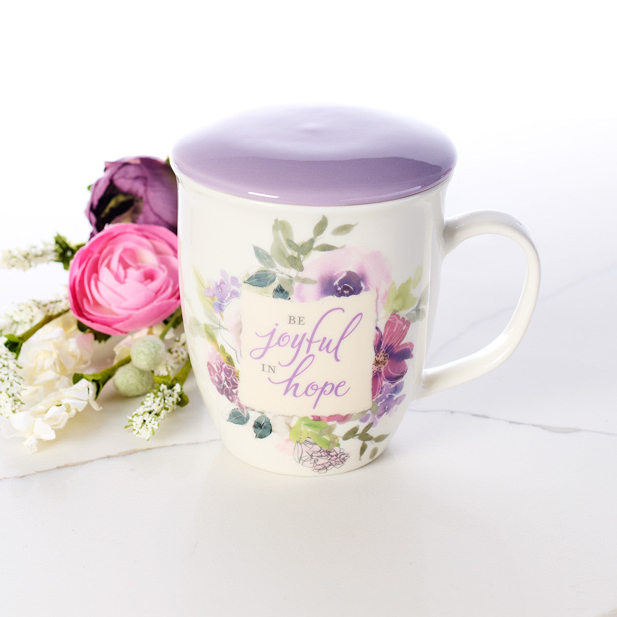 Ceramic Mug With Lid/Coaster: Be Joyful in Hope, Lilac, 384ml