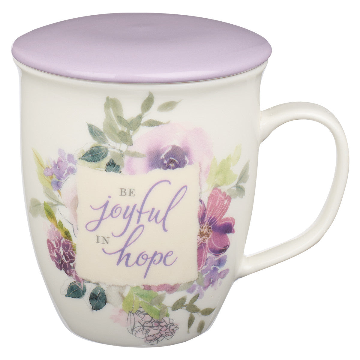 Ceramic Mug With Lid/Coaster: Be Joyful in Hope, Lilac, 384ml