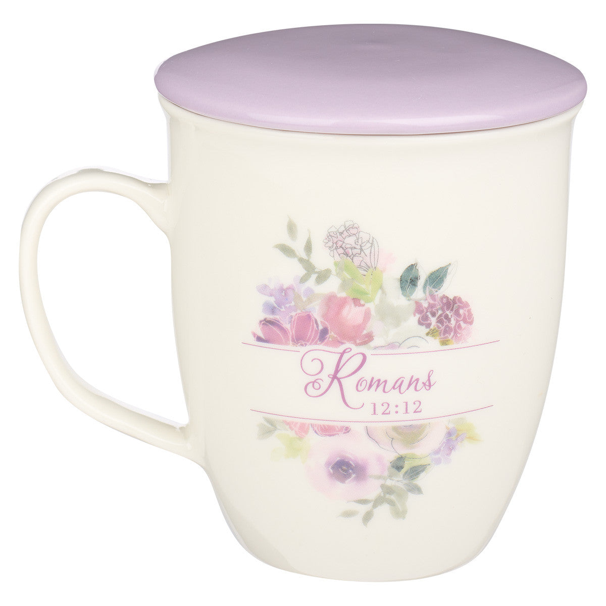 Ceramic Mug With Lid/Coaster: Be Joyful in Hope, Lilac, 384ml