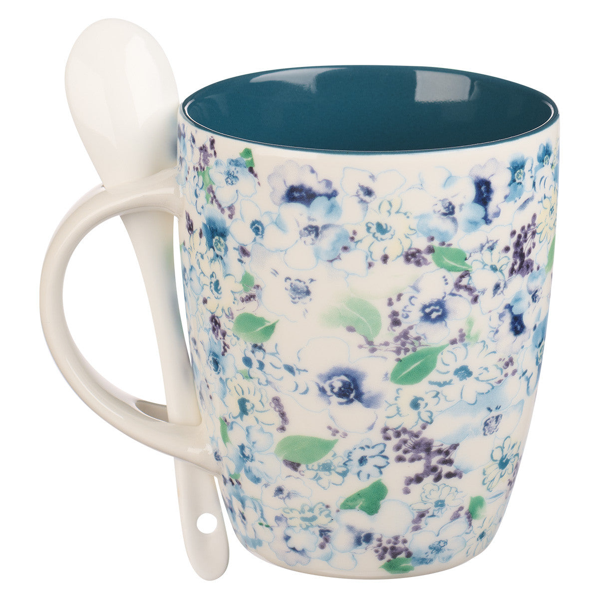 Ceramic Mug 355ml With Spoon: By Grace You Have Been Saved, Eph 2:8, Blue Floral