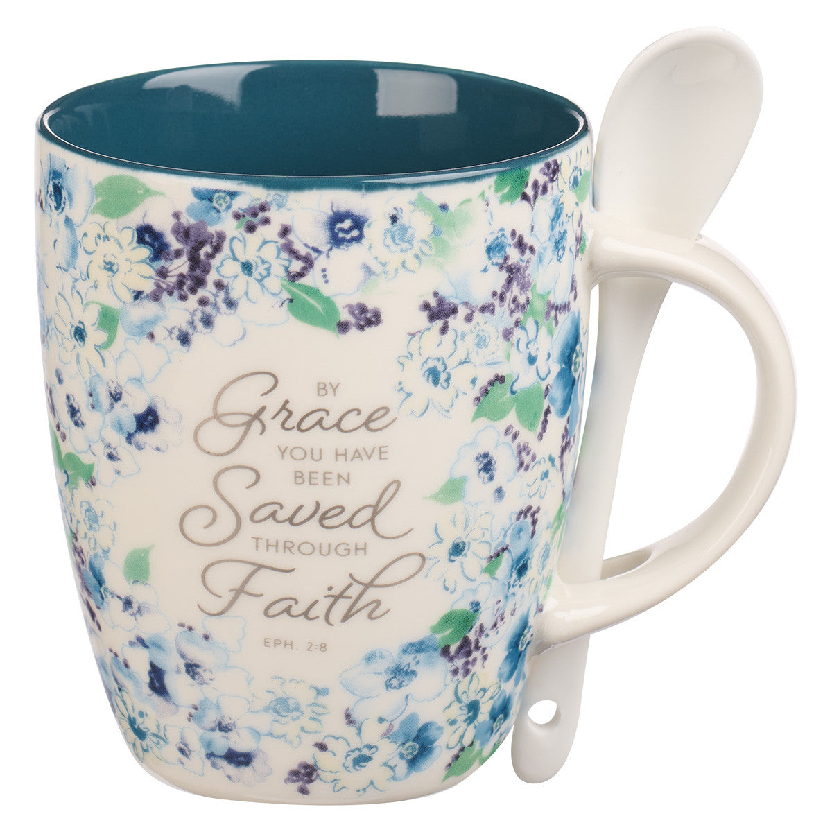 Ceramic Mug 355ml With Spoon: By Grace You Have Been Saved, Eph 2:8, Blue Floral