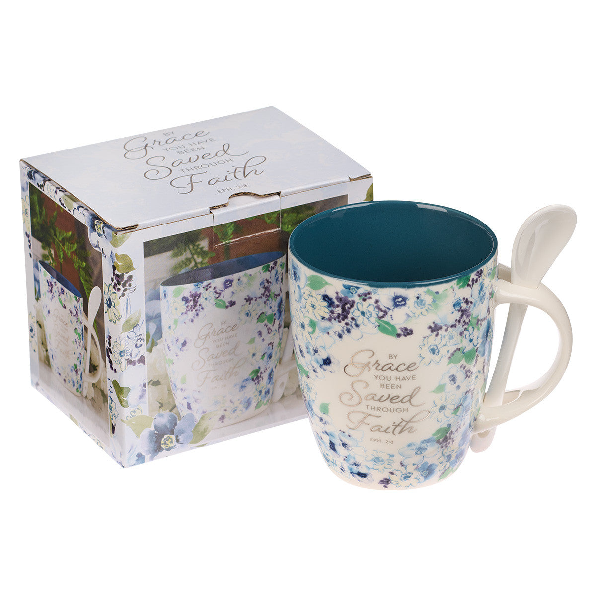 Ceramic Mug 355ml With Spoon: By Grace You Have Been Saved, Eph 2:8, Blue Floral