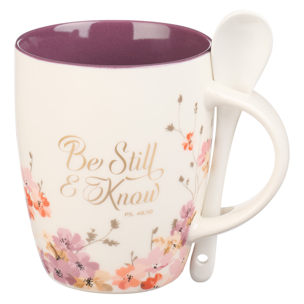 Ceramic Mug 355ml With Spoon: Be Still & Know, Psalm 46:10, Purple