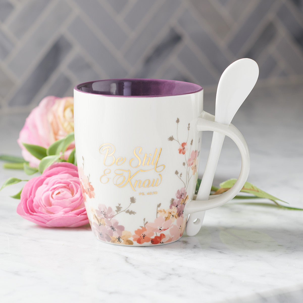 Ceramic Mug 355ml With Spoon: Be Still & Know, Psalm 46:10, Purple