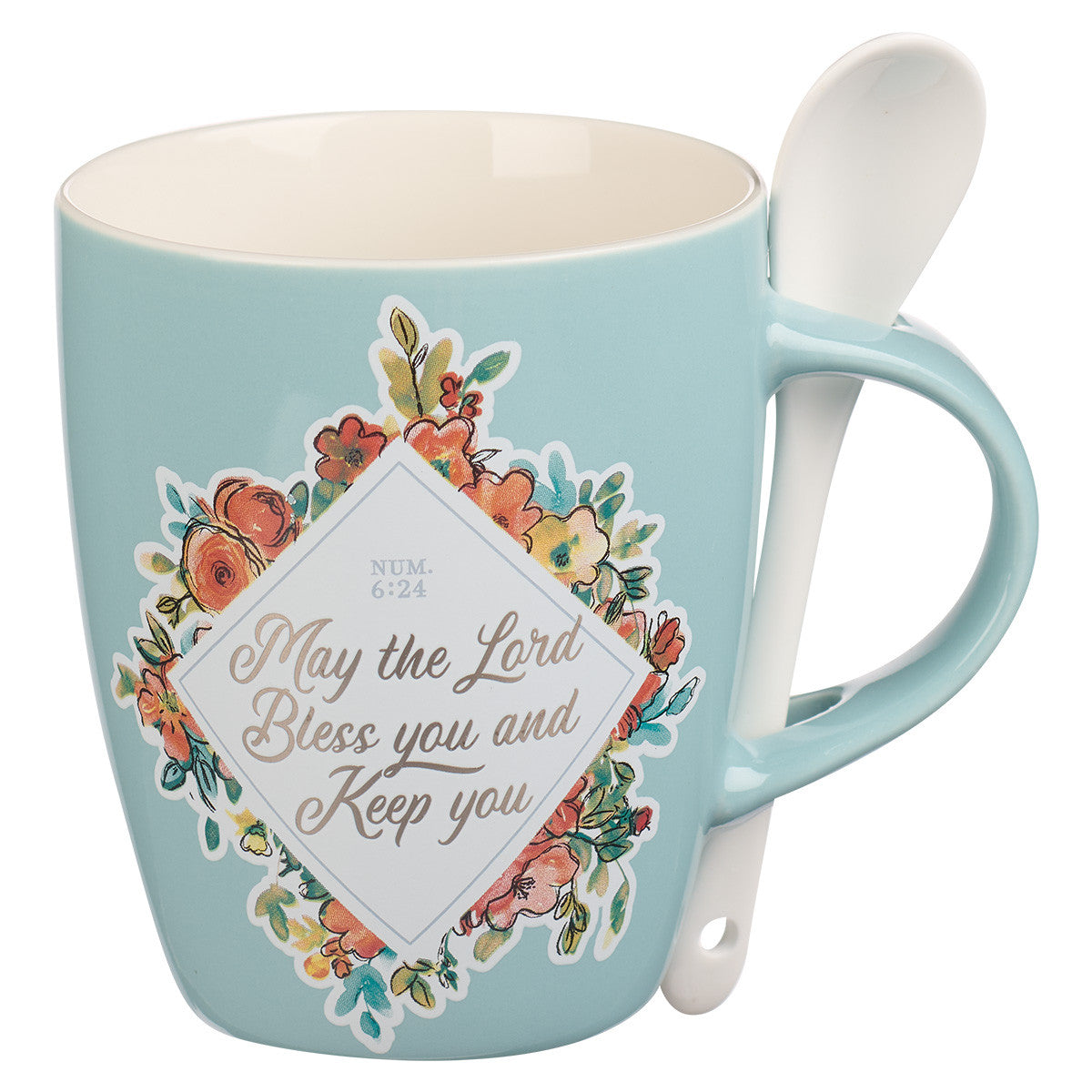 Ceramic Mug 355ml With Spoon: May the Lord Bless You, Num 6:24, Teal