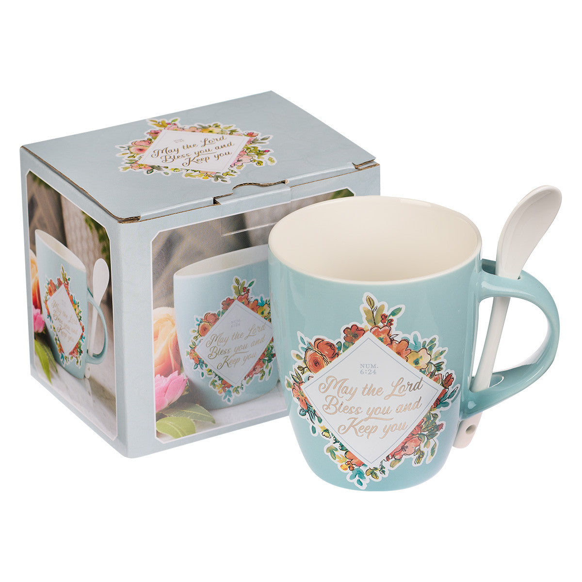 Ceramic Mug 355ml With Spoon: May the Lord Bless You, Num 6:24, Teal