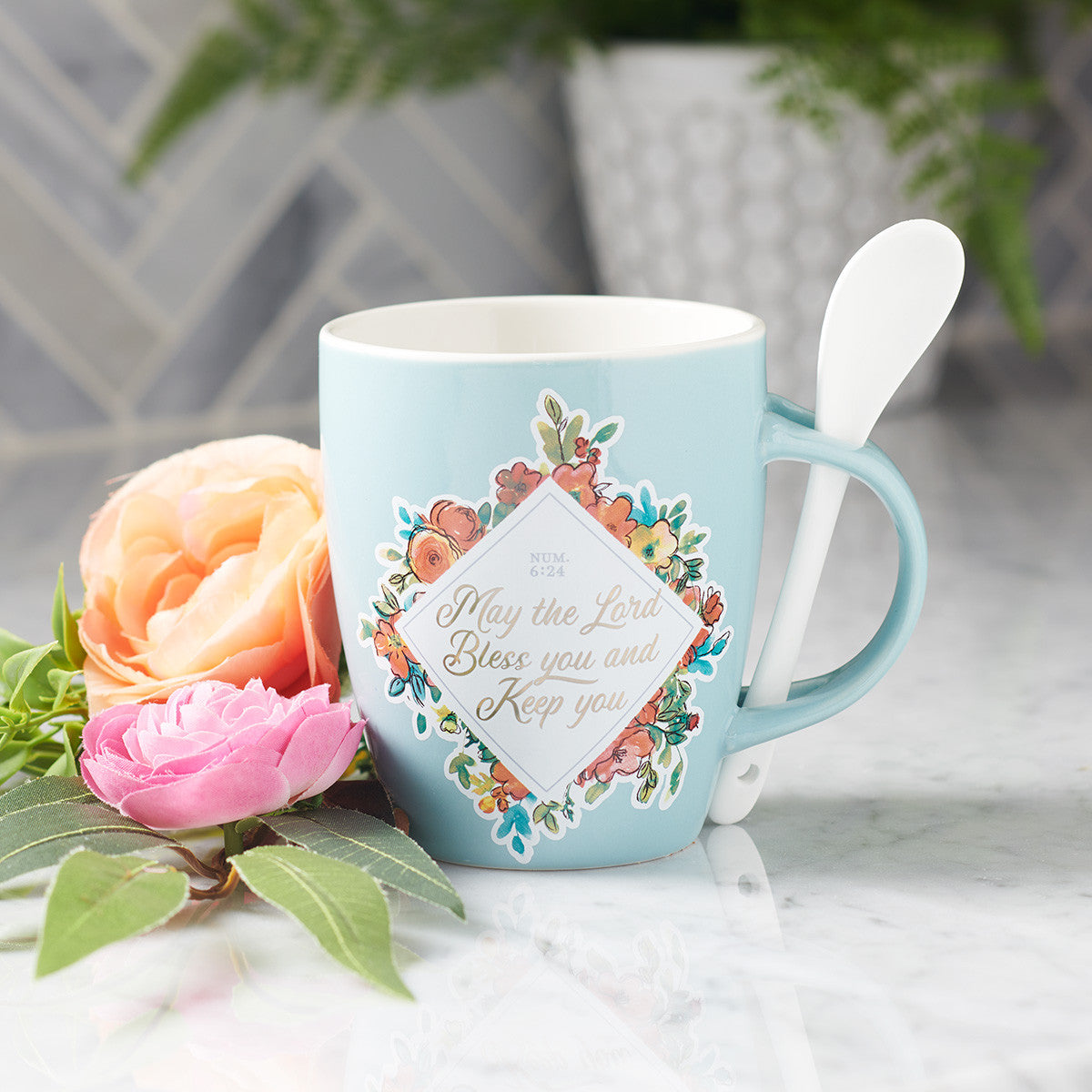 Ceramic Mug 355ml With Spoon: May the Lord Bless You, Num 6:24, Teal