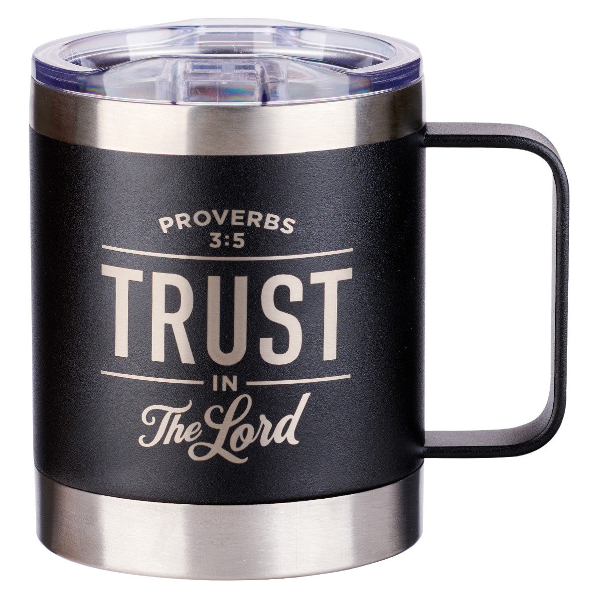 Stainless Steel Travel Mug: Trust in the Lord (Proverbs 3:5) Black, Camp Style (325ml)