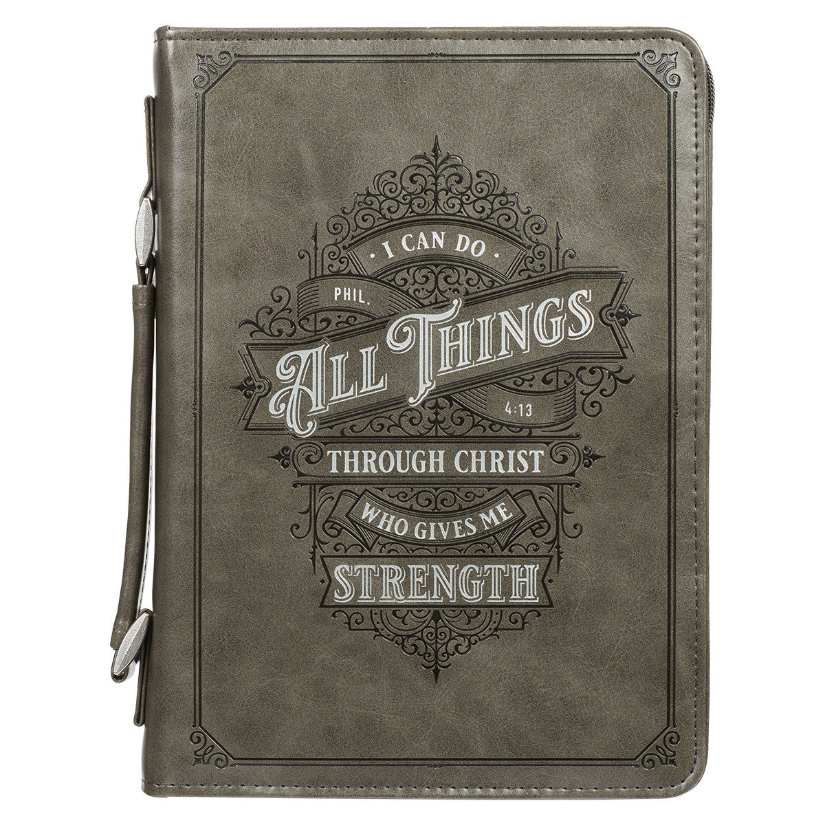 Bible Cover Large: All Things Through Christ Charcoal (Philippians 4:13)