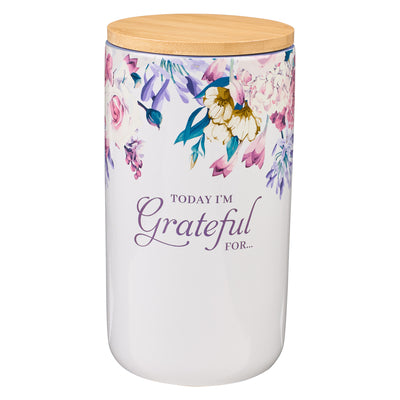 Gratitude Jar With Cards: Today I'm Grateful For, Jewel Tone Floral, Ceramic With Bamboo Lid