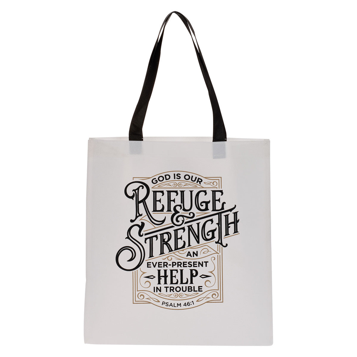Reusable Tote Bag: Refuge & Strength, White/Black Handles