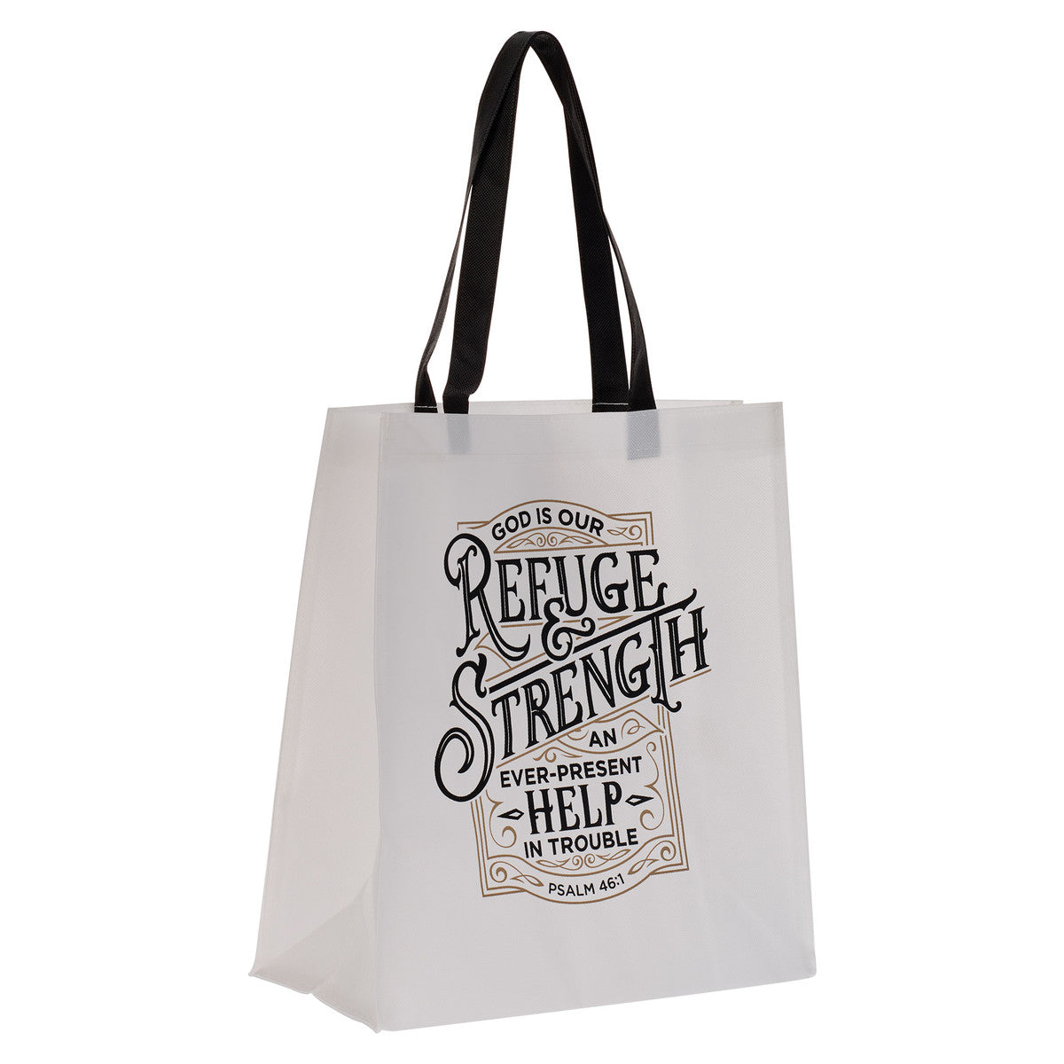 Reusable Tote Bag: Refuge & Strength, White/Black Handles