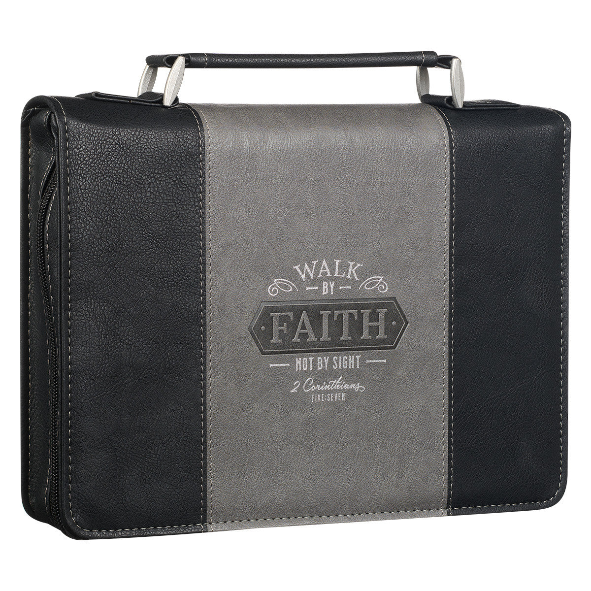 Bible Cover Medium: Walk By Faith, Black/Grey (2 Cor 5:7)