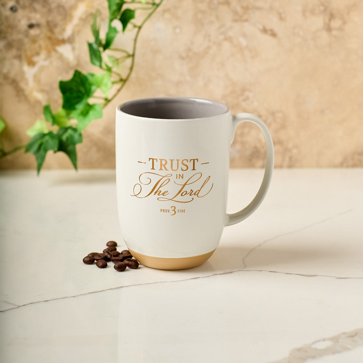 Ceramic Mug: Trust in the Lord, Proverbs 3:5, White/Misty Gray Interior, Foil Accents (444 ML)
