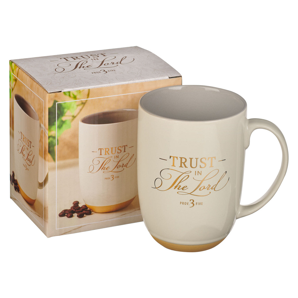 Ceramic Mug: Trust in the Lord, Proverbs 3:5, White/Misty Gray Interior, Foil Accents (444 ML)