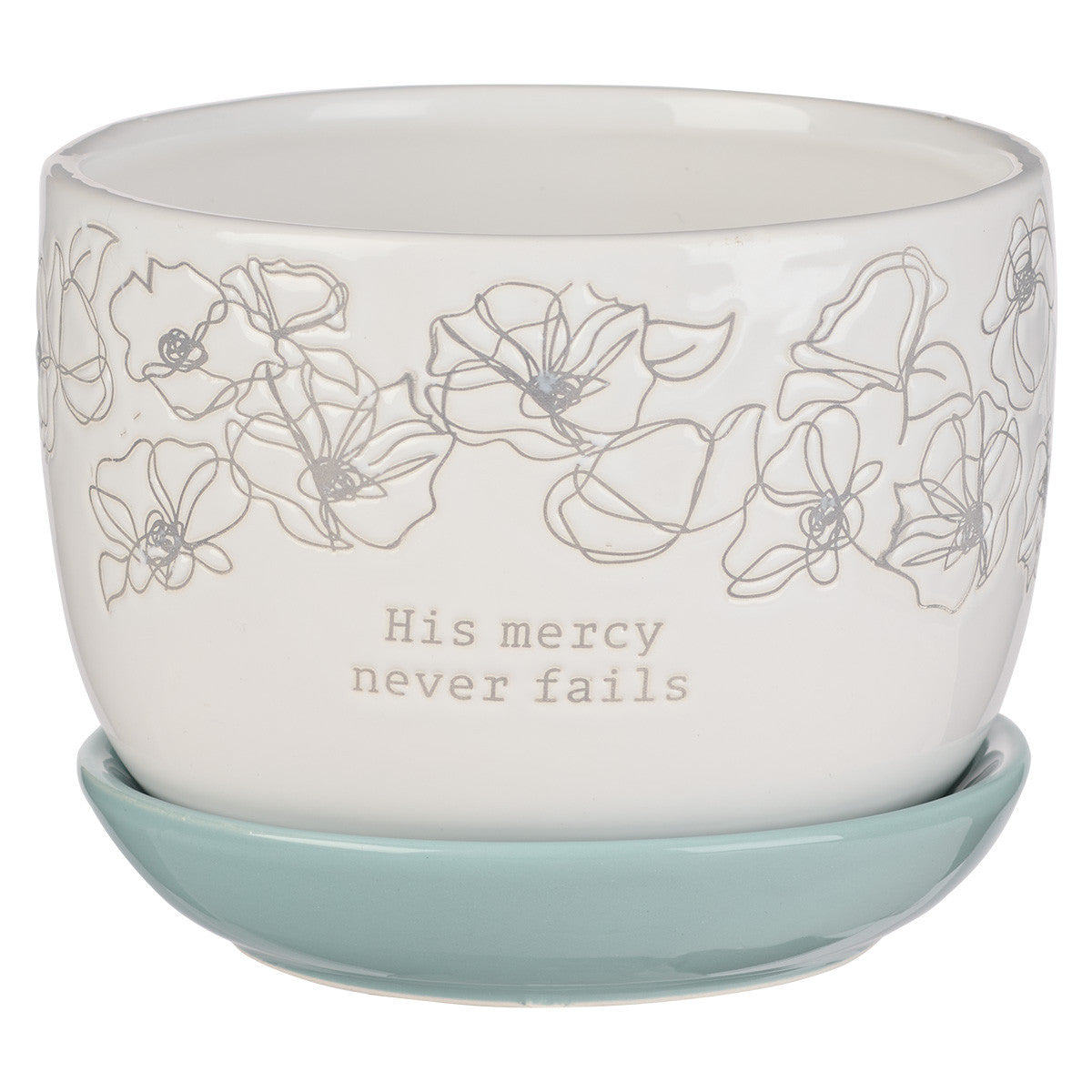 Ceramic Planter Pot With Saucer: His Mercy Never Fails, White/Light Blue (Pastel Meadow Collection)