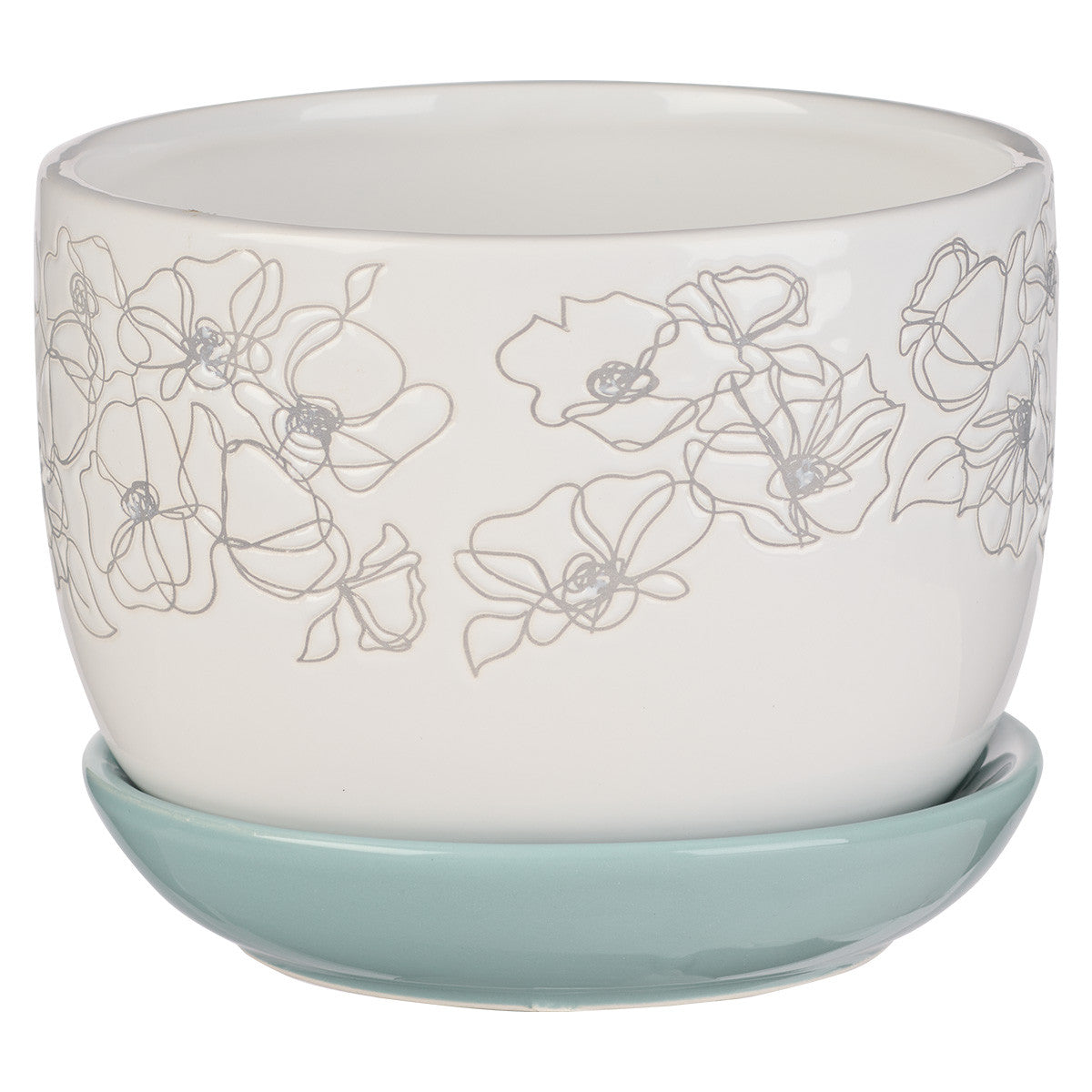 Ceramic Planter Pot With Saucer: His Mercy Never Fails, White/Light Blue (Pastel Meadow Collection)