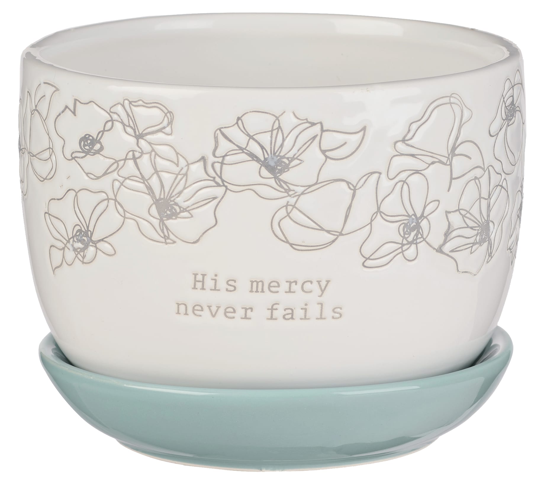 Ceramic Planter Pot With Saucer: His Mercy Never Fails, White/Light Blue (Pastel Meadow Collection)