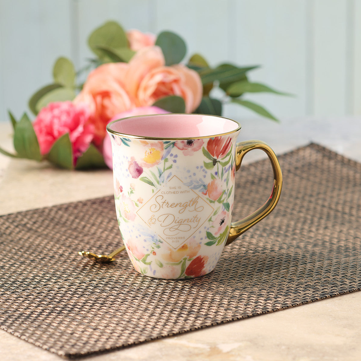 Ceramic Mug: Strength and Dignity, Pastel Diamond, Gold Foil Accents (473ml)