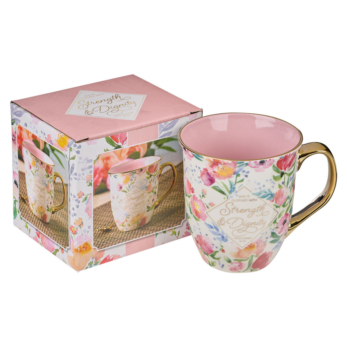 Ceramic Mug: Strength and Dignity, Pastel Diamond, Gold Foil Accents (473ml)
