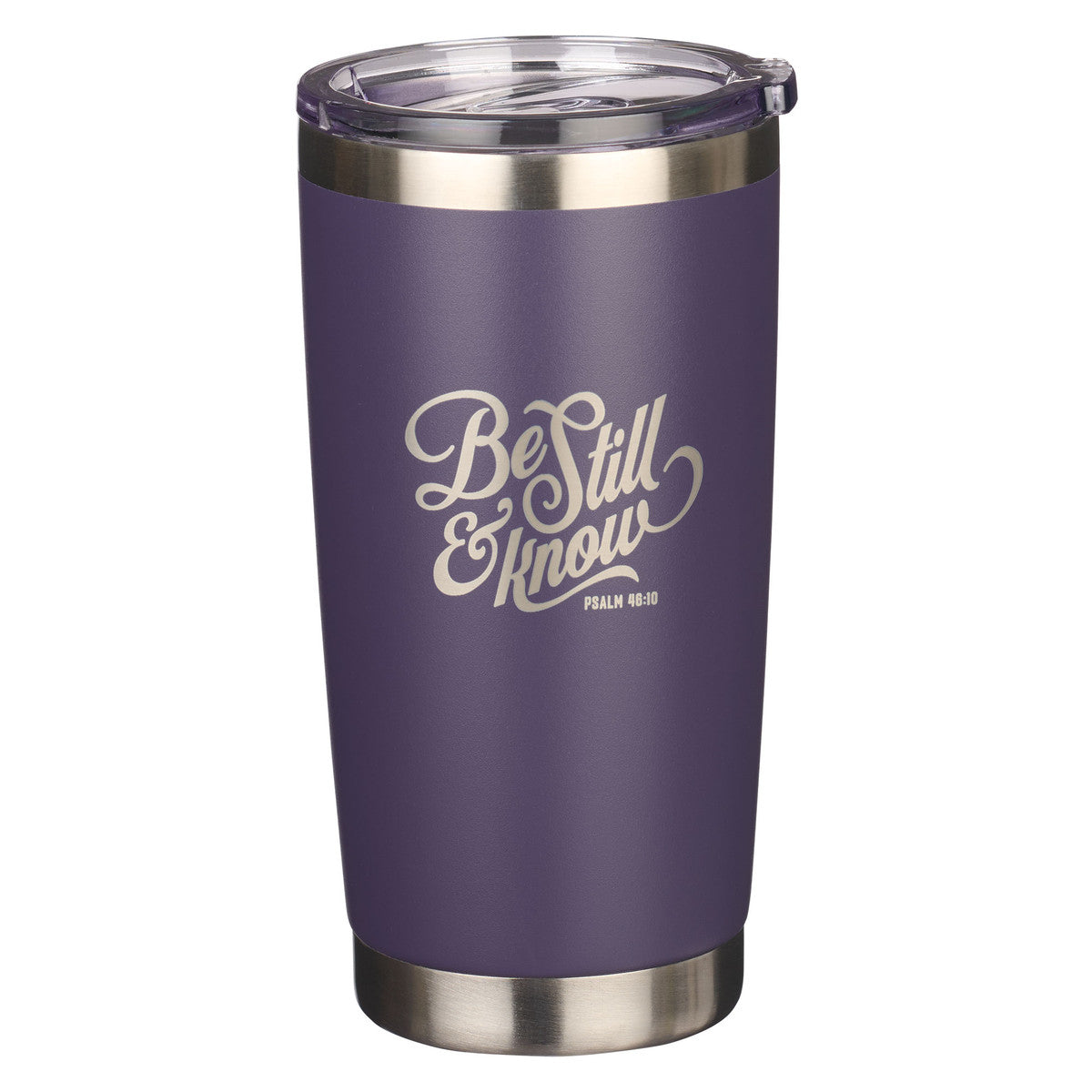 Stainless Steel Travel Mug: Be Still, Purple Pasture, Retractable Sip-Hole Cover (Psalm 46:10) (532 ML)