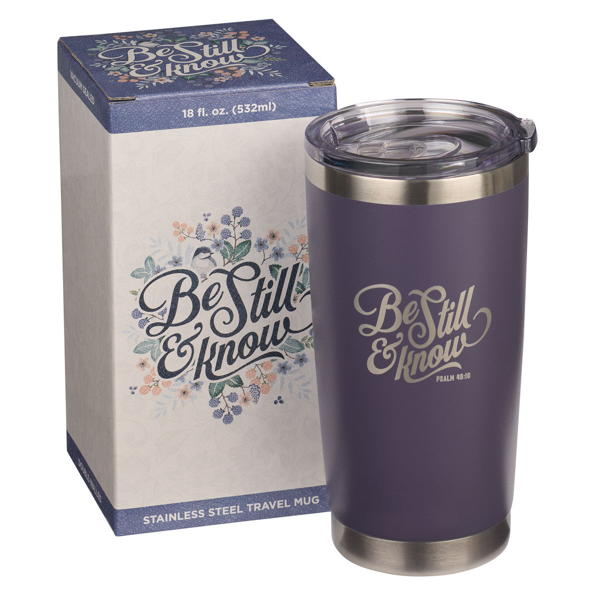 Stainless Steel Travel Mug: Be Still, Purple Pasture, Retractable Sip-Hole Cover (Psalm 46:10) (532 ML)
