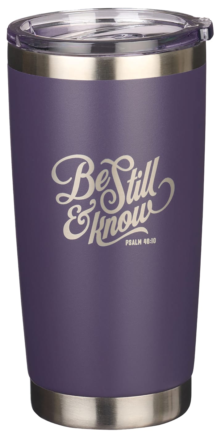 Stainless Steel Travel Mug: Be Still, Purple Pasture, Retractable Sip-Hole Cover (Psalm 46:10) (532 ML)